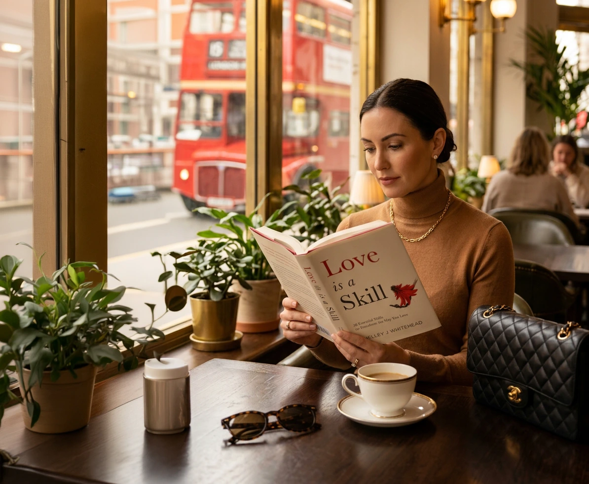 Woman reading Love Is a Skill by Shelley J Whitehead beside a café window
